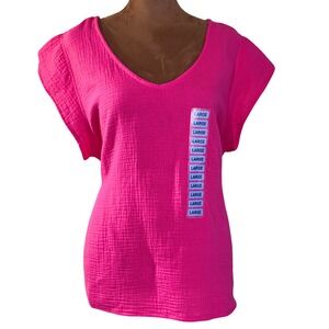 Three Dots Cotton Gauze Top Women's Large Fuchsia Pink V-Neck NWT Blouse Shirt